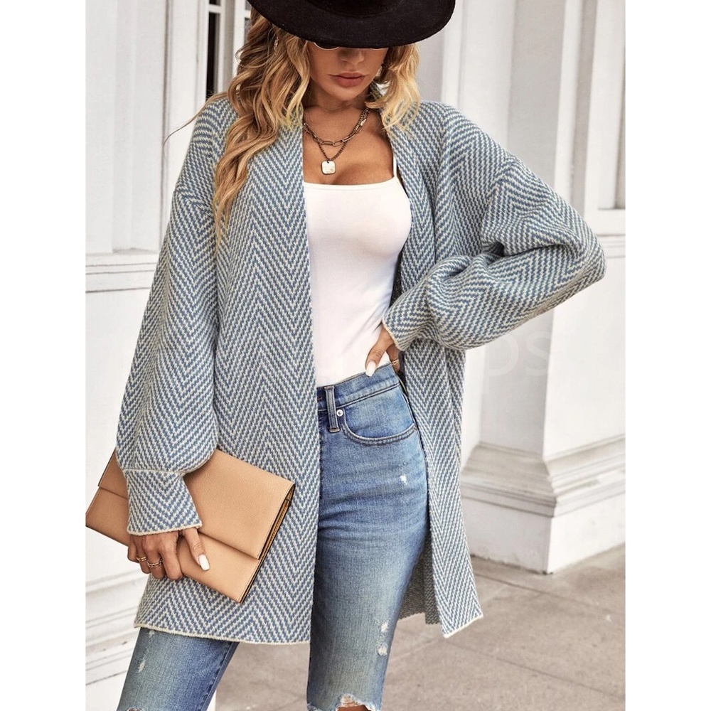 Knit Chevron Open Cardigan Bishop Sleeves Hip Length Dusty Blue on Off White - Picture 2 of 10